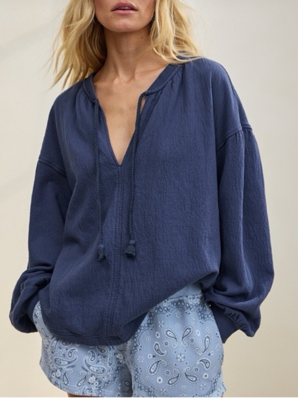 Aerie Easy Street Sweatshirt Blue Oversized V-Neck Pullover Large Breathable